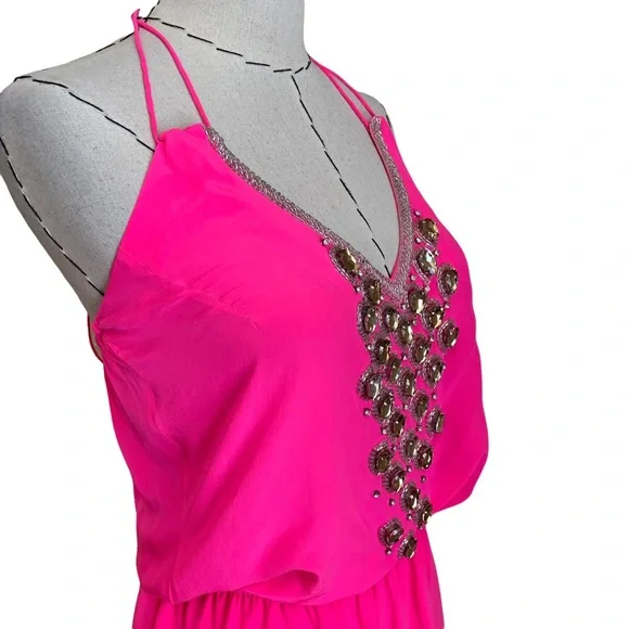 Karina Grimaldi Neon Pink Silk Embellished Rhinestone Beaded Party Dress Revolve - Picture 9 of 16